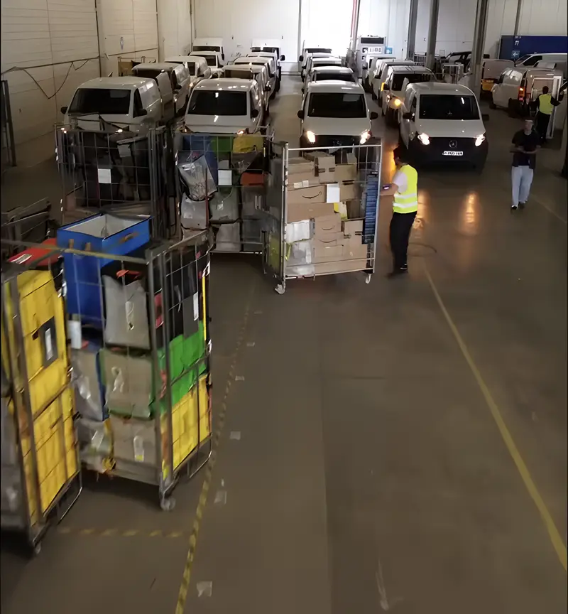 Colis et chariots en station, prêts pour les tournées